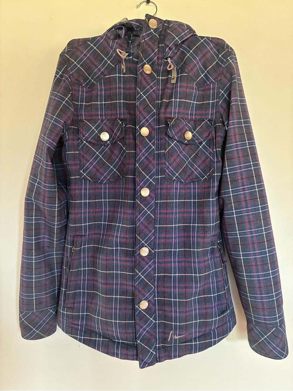 Nike Navy Plaid Hooded Raincoat with Pink Accents